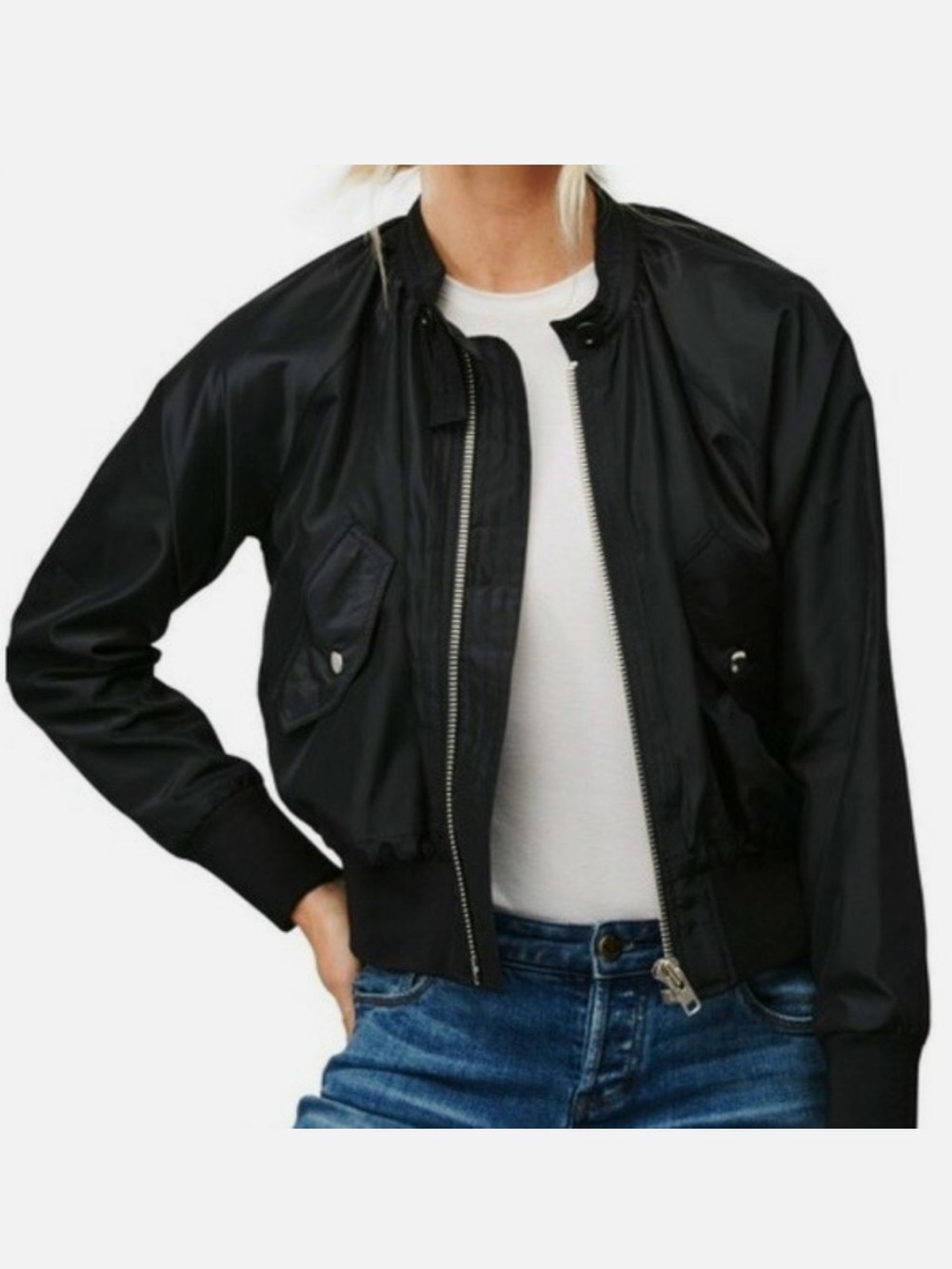 Free People Midnight Black Cropped Bomber Jacket Zip Up Silver Hardware Size S